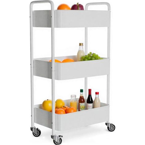 Desserte de Cuisine 3 Niveaux à roulettes Mod. Linn – Étagère auxiliaire en Acier – Blanc – Chariot Multi-usages pour Cuisine, Salle de Bain ou Bureau – 40,5 x 28 x 76 cm (1/5)