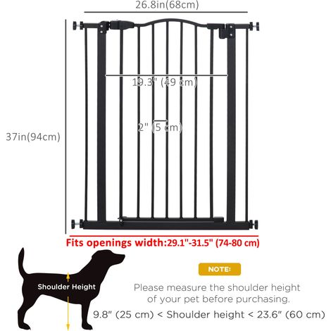 Barrière de sécurité extra haute pour chien, noire, avec fermeture automatique par pression sur la porte et double verrouillage, pour portes, couloirs et escaliers (74-81 cm). (1/5)