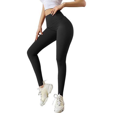 Collants de sport femme taille haute élastiques avec sangle aérodynamique, effet liftant fessier, idéaux pour running yoga, Noir XL (1/5)