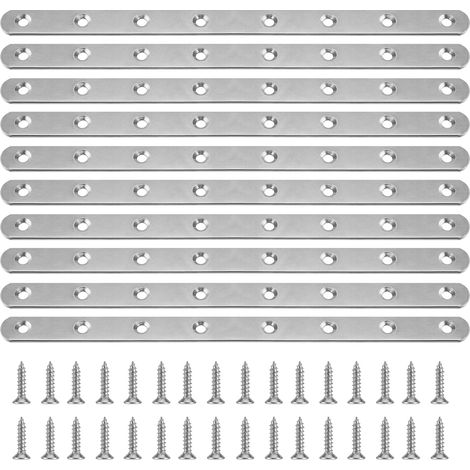 Équerre Métal 10 Pièces 244x19x3mm - Supports de Fixation en Acier Inoxydable avec 80 Vis - Équerres pour Meubles, Étagères, Réparation - Plaque d'Assemblage Métallique (1/5)