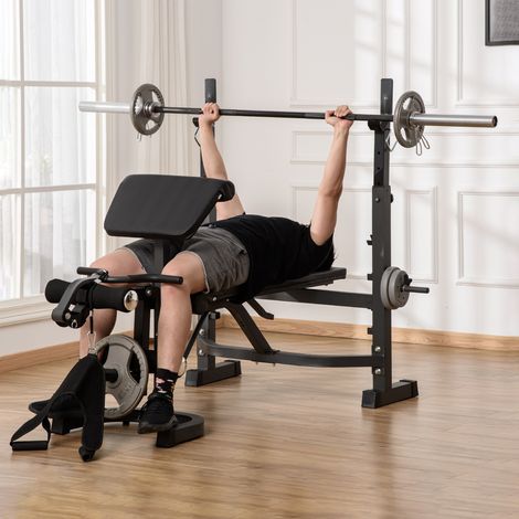 Banco de Musculación Multifuncional Banco de Pesas con Respaldo Inclinable y Soporte de Barras Altura Ajustable para Entrenamiento Cuerpo Completo Ginmasio Carga 300 kg 187x140x117-136 cm Negro (1/5)