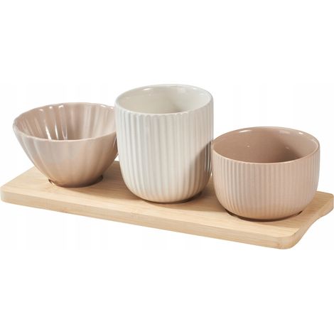 Set di 3 ciotole da portata in ceramica con vassoio in bambù (1/3)