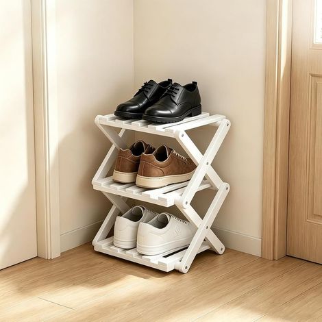 Étagère à Chaussures Pliable en Bambou, 3 Niveaux, Petit Meuble de Rangement Sans Montage, Couleur Ivoire, pour Entrée, Chambre, Placard ou Salon (1/5)
