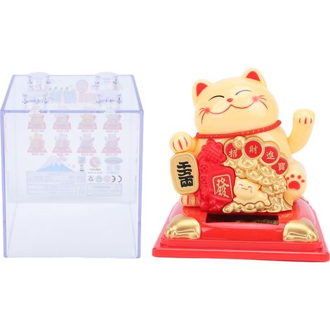 Ortviai Statue de chat porte-bonheur solaire jaune avec couvercle anti-poussière, 8,1 x 9,8 cm, décoration intérieure