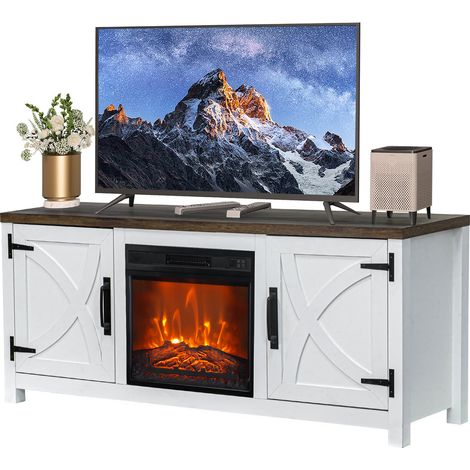 Parrot Uncle TV-Schrank mit integriertem Elektrokamin 147 cm, TV-Lowboard mit 18 Zoll LED-Kamin, Stauraum, modernes TV-Möbel in Weiß