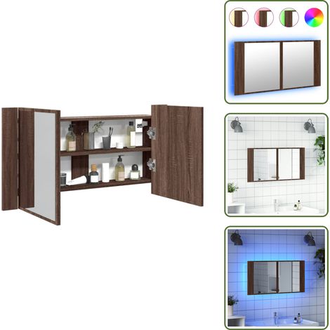 Armario de maquillaje - vidaXL Armario espejo de baño LED acrílico marrón roble 90x12x45 cm - Armario de baño con luz RGB