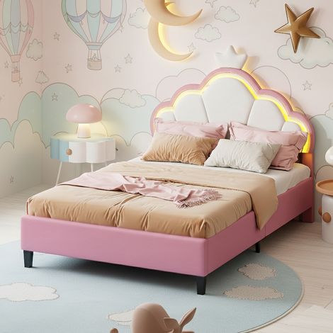Lit pour Enfant capitonné 140x200cm, Lit de Princesse en Forme de Couronne avec LED, lit Simple/Double pour Fille tête de réglable en Hauteur et sommier à Lattes, sans Matela (1/5)