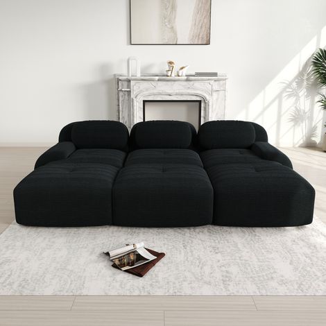 Canapé d'angle modulaire 3 places, 3 poufs velours côtelé noir, sans armature, livré démonté, idéal animaux, accoudoirs larges, mousse 32D haute résilience, salon et home cinéma (1/5)