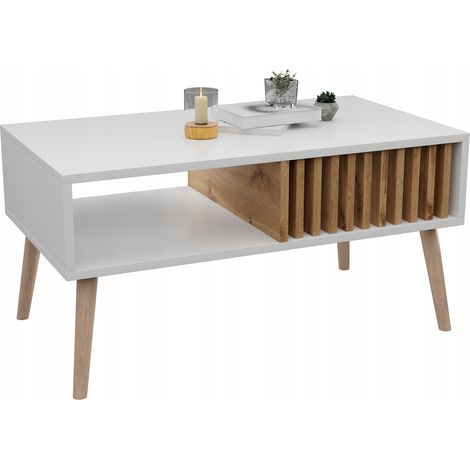 Table basse scandinave à lamelles, blanche/brune, style loft avec étagère (1/5)