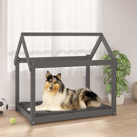 Lit pour chien en bois de pin massif, cadre stable, gris, 101 x 70 x 90 cm - PANGIVO (1/5)