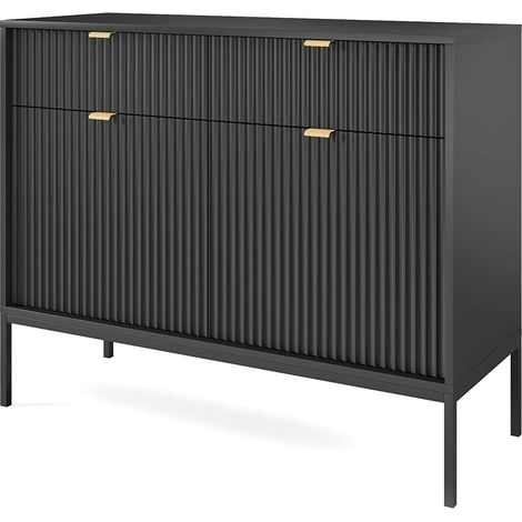 Cassettiera: 2 cassetti, 2 ante, Nero, Nero, 104 x 83 x 39 cm, maniglie dorate (1/5)
