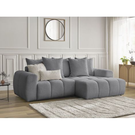 BOBOCHIC - Canapé d'angle convertible coffre ROXELANE tissu bouclette Angle droit Gris foncé (1/5)