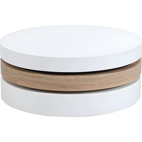 Table basse pivotante ronde avec 1 niche en MDF - Blanc et naturel clair - JANITA