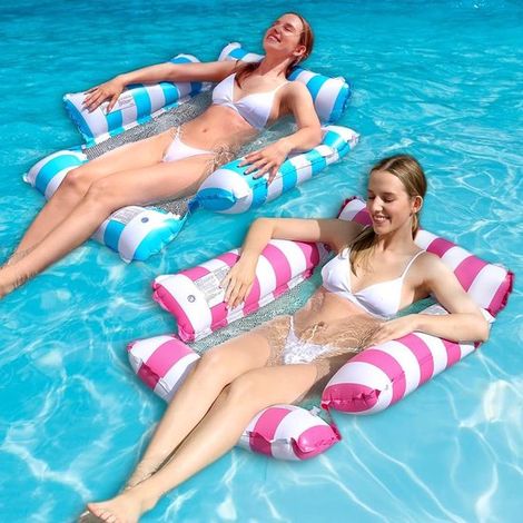 Conjunto de 2 hamacas flotantes 4 en 1 para piscina, para adultos y niños, con estampado de rayas, inflables de 4 lados para piscina y fiestas. (1/4)