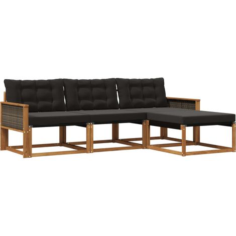 Set di divani da esterno con cuscino 4 pz Salotto da Giardino Naturale e Nero (1/5)