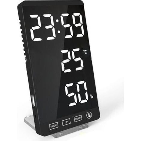 Reloj con espejo LED, termómetro e higrómetro, estilo electrónico, con función meteorológica. (1/5)