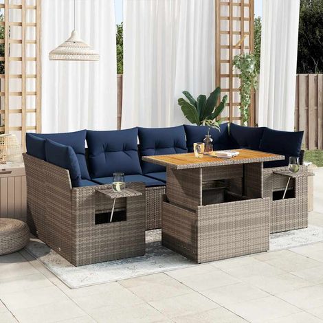 Set de sofás de jardín 7 pzas con cojines ratán sintético gris vidaXL (1/5)