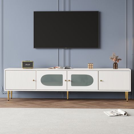 Meuble TV 170x35x50cm blanc pieds dorés,2 portes rainurées et 2 portes vitrées,capacité de charge 35 KG design élégant.