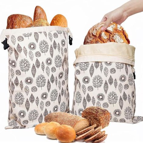 Bread Bags - 2-Pack - Beeswax Bread Bags - Drawstring Bread Bags - 43x33cm - Unbleached - Reusable - Zero Waste - Suitable for Homemade Bread - Freezeable - Keeps Fresh - Food Safety - Eco-friendly - (1/5)