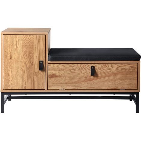Calicosy – Banc d'entrée avec rangements chaussures – Largeur 38 cm x Longueur 101 cm x Hauteur 59 cm – Décor imitation chêne – Piétement métal noir
