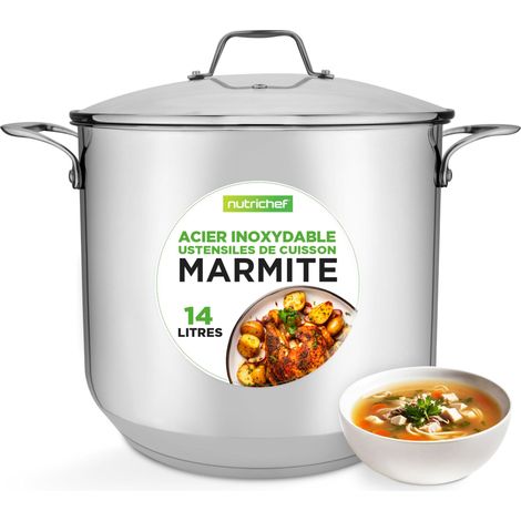 Marmite-Faitout Inox-14 Litres- 18-8 Alimentaire Résistant Tous Feux-Induction-Grand- Faitout-Grande Marmite avec Couvercle Transparent, Compatible Lave-Vaisselle (1/5)