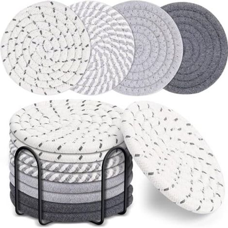 Posavasos – Un juego de 8 posavasos hechos a mano con soportes – Posavasos redondos de algodón – Posavasos lavables y duraderos, ideales como decoración de mesa. (1/5)