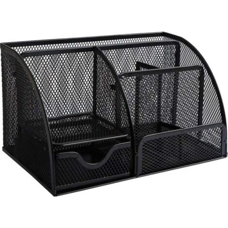 QORVA-Porte-stylo avec tiroir coulissant - Bureau - Porte-stylo - Porte-stylo en maille noire - Organisateur - Porte-stylo - Métal - Noir