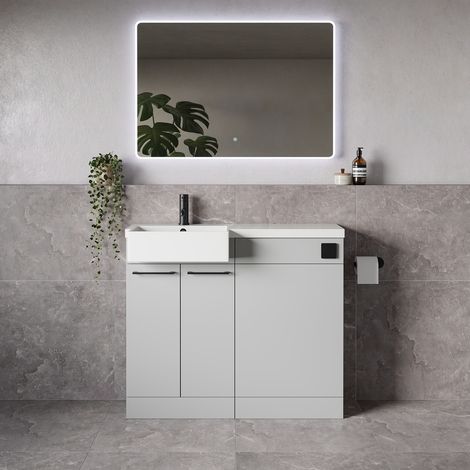 Napoli 250 Gloss Grey Pearl 1000mm 2 Door Vanity Unit Toilet Suite with Left Hand Square Rico Semi Recessed Basin - 1000mm - Matt Black 160mm HandleWithout Kingston Toilet Pan