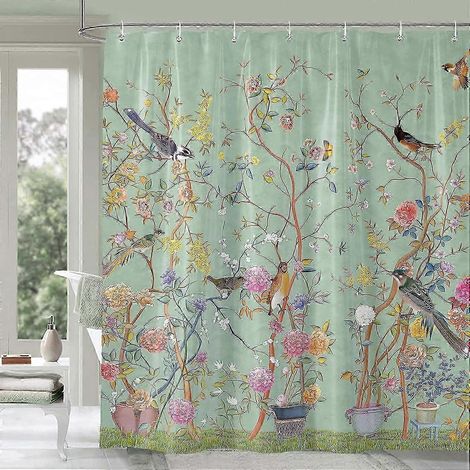 Rideau de douche vert imperméable et anti-moisissure, motif oiseaux et fleurs, avec 12 crochets, 180 x 180 cm (1/5)