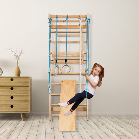 Échelle suédoise en bois avec mur d'escalade, barre de traction, balançoire et anneaux réglables pour maison (1/5)