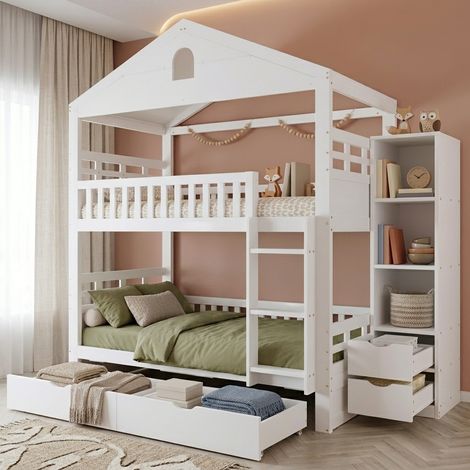 Lits superposés, lit d'enfant blanc en forme de maison, lit superposé pour 2 enfants avec échelle, 2 grands tiroirs, lit cabane enfants, avec protection, 90 x 200 cm, lit superposé enfant (1/5)