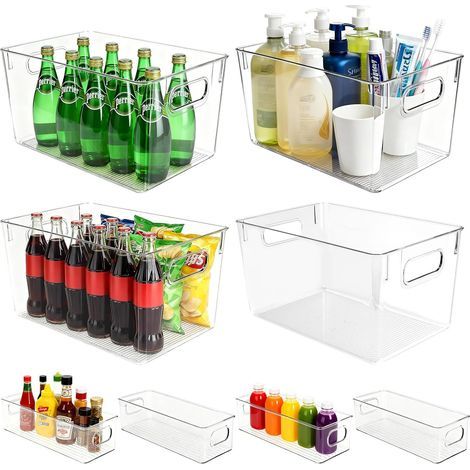 Set di 8 contenitori per frigorifero: 4 grandi (28,5 x 19 x 15,5 cm) + piccoli (25 x 9,5 x 7,5 cm), impilabili, trasparenti e con manici, ideali per cucina e dispensa. (1/5)
