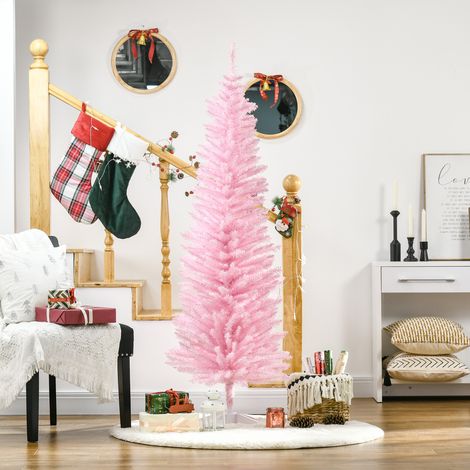 Árbol de Navidad Artificial Estrecho 180 cm con 390 Ramas y Base Desmontable Fácil de Montar Rosa (1/5)