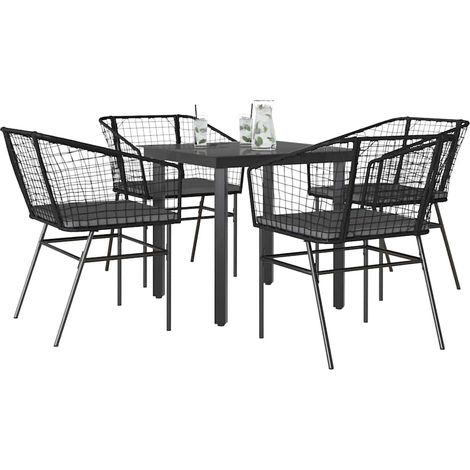 5-tlg. Garten-Essgruppe mit Kissen Schwarz Poly Rattan Glas
