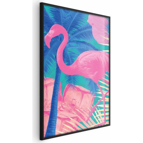 Poster – Rosa Flamingo – Abstrakter Flamingo vor einem Hintergrund aus Palmen und Eiswürfeln (1/4)