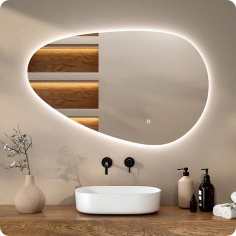 Asymmetrischer, rahmenloser LED-Badezimmerspiegel 100 x 62,5 cm – 3 dimmbare Lichtmodi – Antibeschlagfunktion – IP44 wasserdicht und Touch-Bedienung – rostbeständig (1/5)