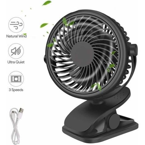 1 ventilateur portable mini bureau, 3 vitesses + rotation 360°, ventilateur USB rechargeable pour maison, bureau, camping (1/4)