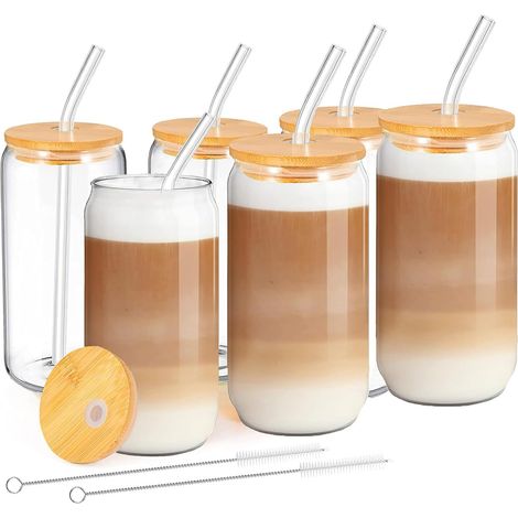 Lot de 6 Verres 16 oz avec Paille et Couvercle Bambou