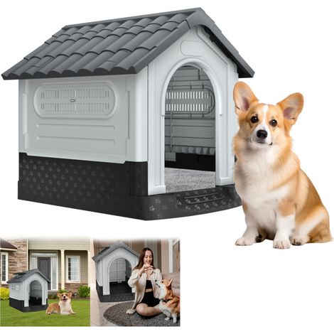 Niche pour chien Extérieur Intérieur Niche pour chien Plastique 79.5x70.5x78cm Niche pour animal domestique avec lucarne & plancher surélevé Robuste, étanche, résistante aux UV, ventilée pour chiens d
