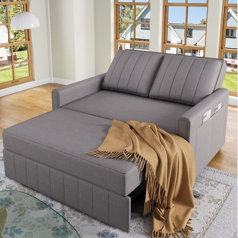 Divano letto 127x75x94 cm grigio antico in tessuto misto lino con schienale regolabile e 2 cuscini (1/5)