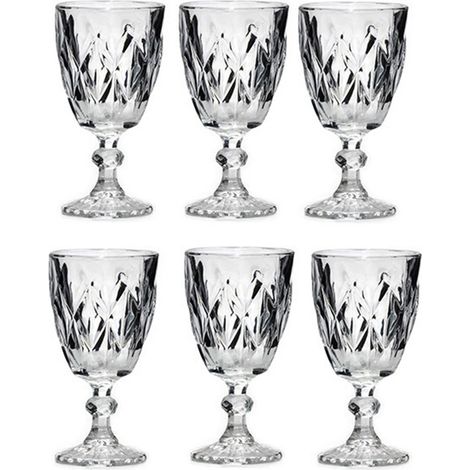 Set 6 Bicchieri a Calice in Vetro Lavorato 30cl Design Vintage a Rilievi per Acqua e Vino Calici Resistenti con Piede per Casa e Ristorazione Stile Retro Bicchieri diamanteTrasparente