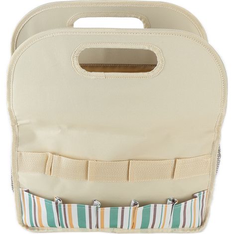 Werkzeugtasche mit großem Fassungsvermögen, verschiedene Farben, tragbare Aufbewahrung für Garten- und Heimwerkerbedarf, khakifarbene Streifen, mehrere Taschen, robust. (1/5)