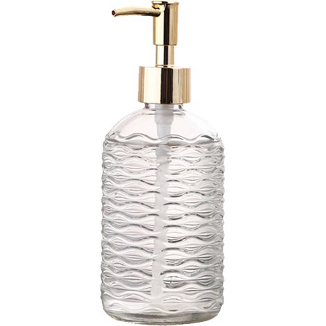 Flüssigkeitsspenderflasche aus Glas [400 ml, 7,6 x 19 cm] mit auslaufsicherer Metall-Druckpumpe für Shampoo, Duschgel und Flüssigseife (1/5)