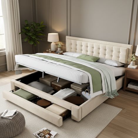 Letto con contenitore e cassetti, tessuto in velluto, letto imbottito, rete a doghe, letto matrimoniale, ampio spazio contenitore, 180 x 200, beige