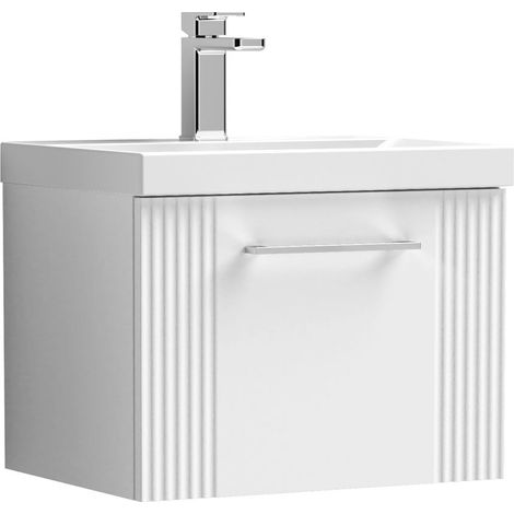 Belvide Partial Fluted 1 Drawer Wall Hung Vanity Unit with Mid-Edge 1 Tap Hole Ceramic Basin - 500mm - Satin White (1/4)