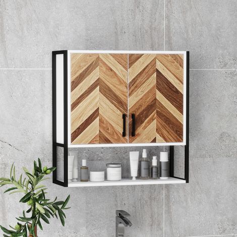 Mobiletto da bagno a parete, pensile con 2 ante, ripiano regolabile e ripiano a giorno, 59x20x60 cm, multicolore (1/5)