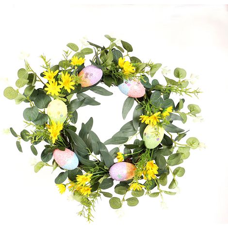 Osterkranz, verziert mit bunten Eiern und künstlichen Blumen, ideal zum Aufhängen an der Haustür (1 Stück) (1/4)