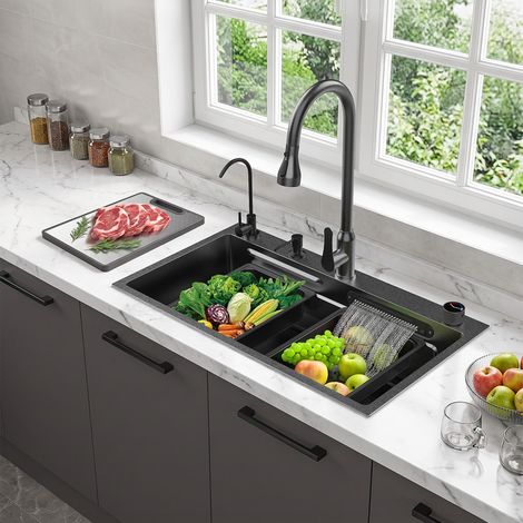 Küchenspüle mit einem Becken – Spülenset – 80 x 45 x 22 cm, Material: Edelstahl 304, 5 mm starke Platte – inklusive komplettem Zubehörset, Schwarz (1/5)