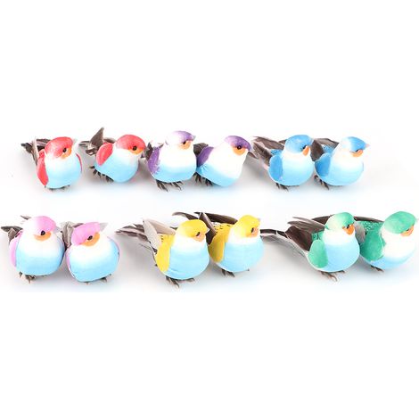 12 oiseaux artificiels mignons en plumes colorées, en mousse, pour la décoration de jardin. (1/5)
