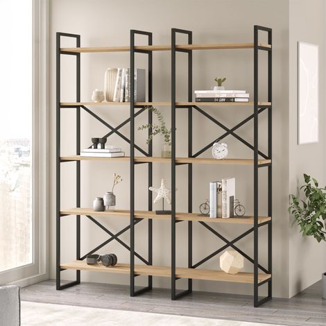 Etagère 5 niveaux 143,5x30x175 cm décor chêne et métal noir (1/5)